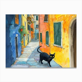 Black Cat In Verona, Italy, Street Art Watercolour Painting 4 Canvas Print