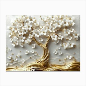 3d Golden Tree with White Flowers 2 Canvas Print