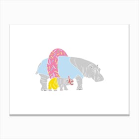Hippos With Pool Donut Ringo And Snorkel, Fun Safari Animal Print, Landscape Canvas Print