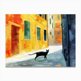Black Cat In Trieste, Italy, Street Art Watercolour Painting 1 Canvas Print
