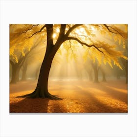 A Photograph Of A Lone Tree With Golden Leaves In An Autumnal Forest Canvas Print