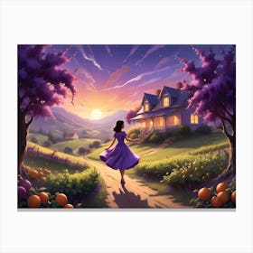 Woman Walking Toward A House On A Hillside Canvas Print