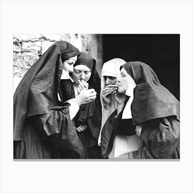 Nuns Smoking, Funny Black and White Vintage Photo Canvas Print