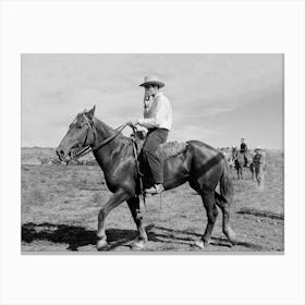 Cowboy Riding A Horse, Western Aesthetic, Vintage Black and White Old Photo Canvas Print