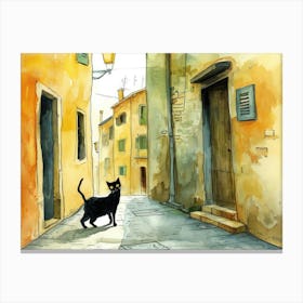 Black Cat In Livorno, Italy, Street Art Watercolour Painting 2 Canvas Print