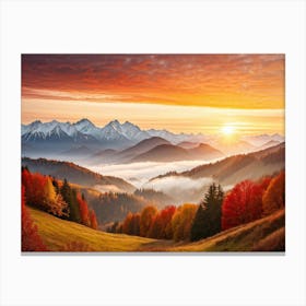 Autumn Landscape Panoramic View Of The Tatra Mountains Leaves In Vivid Shades Of Red Orange And (3) Canvas Print