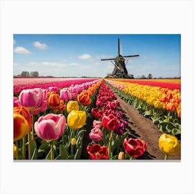 Tulip Field With Windmill paintings art print 1 Canvas Print