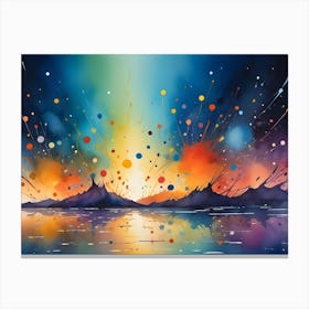 An Abstract Watercolor Painting Depicting A Vibrant Sunset Over Mountains Reflected In Water, With Colorful Splashes And Splatters Adding A Sense Of Joy And Celebration Canvas Print