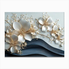 3d Artwork Illustration White and Blue Background with Golden Jewelry and Flowers 4 Canvas Print