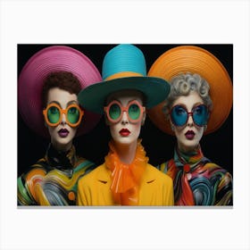 Three Women Wearing Colored Hats Glasses And Hats Canvas Print
