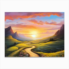 Wandering Path Trough A Gren Mountain Region At A Morning Sunrise And Reflecting Clouds - Vivid Color Painting Canvas Print