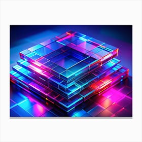 Abstract Arrangement Of Glowing, Translucent Cubes Stacked Upon Each Other With Blue And Pink Neon Lighting Canvas Print