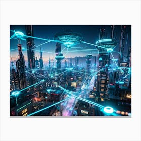 A Digital Painting Of A Globally Networked Cityscape Futuristic Ai Central Node Glowing With Connec (4) Canvas Print