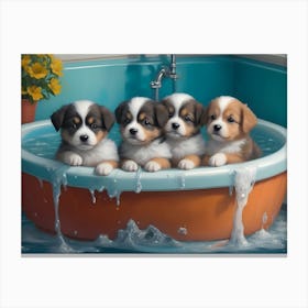 Four Puppies In A Tub Canvas Print