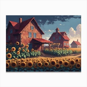 Pixel Art Style Farm With Sunflowers And Houses Canvas Print