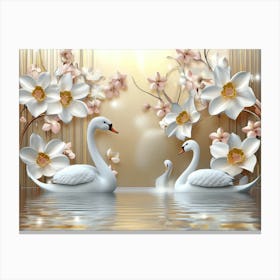 3D Swan With Flowers in lake Canvas Print