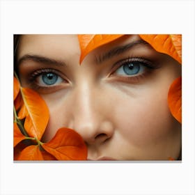 Artistic portrait beautiful woman blue eyes behind orange autumn leaves Canvas Print