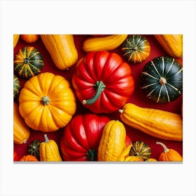 A Digitally Rendered Closeup Of An October Harvest Bursting With Multicolored Autumnal Squash Inclu (4) Canvas Print