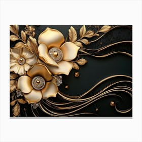 3d Background With Golden Jewelry And Flowers In Black 1 Canvas Print