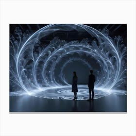 Two Figures Stand In An Illuminated Space, Gazing At A Swirling, Glowing, Ethereal Installation Resembling A Portal Or Gateway Canvas Print