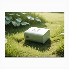 A Close Up Shot Of A Silver Box On Green Grass, Creating A Sense Of Nature And Technology Canvas Print