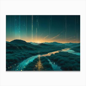 A Digital Painting Of A Futuristic, Green Landscape With A Winding River And A Glowing Sun In The Distance Canvas Print