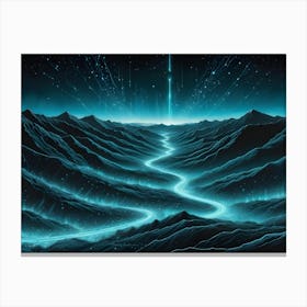 Surreal, Digital Mountain Landscape With A Winding Path Of Bright, Blue Glowing Light Cutting Through Mountains Against A Starry Sky Canvas Print