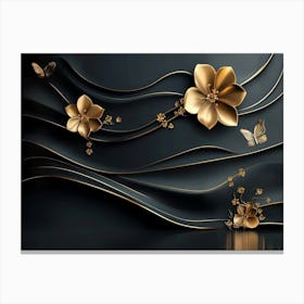 3d Abstract Black Background With Golden Flowers Lines And Butterfly 1 Canvas Print