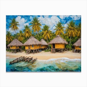 Tropical Island On The Sea With Thatched Huts And Trees Canvas Print