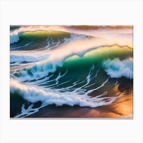 Powerful, Turquoise Ocean Waves Crash On A Sandy Shore At Sunset, Creating A Dramatic Display Of Light And Motion Canvas Print