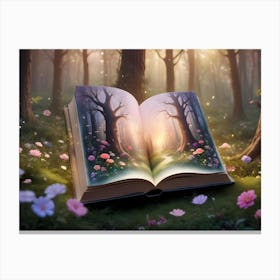 A Book Is Open, Revealing A Path Leading Through A Magical Forest Canvas Print