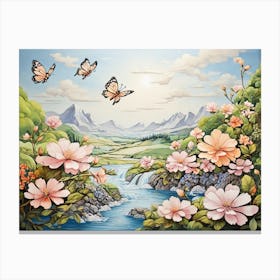 Pink Flowers With Butterflies Canvas Print