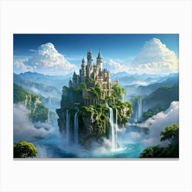 Whimsical Castle Perched Atop Undulating Floating Islands Cascading Waterfalls Plummeting Into The Canvas Print