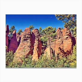 Ochres Land Majestic Cliffside Forest. This image showcases a stunning cliffside landscape adorned with lush green trees. The rocky formations exhibit a range of warm hues, from sandy yellows to deep reds, creating a striking contrast against the vibrant blue sky. The scene captures the beauty of nature's rugged terrain and the resilience of trees growing on steep, rocky surfaces. 6 Canvas Print