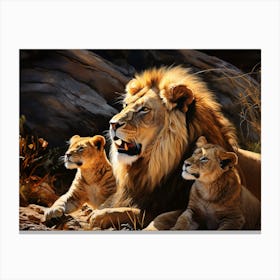 African Lion With Cubs Realism Painting 4 Canvas Print