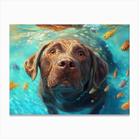 A Cute Chocolate Labrador Swimming Under The Water Canvas Print