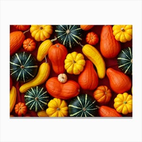 A Digitally Rendered Closeup Of An October Harvest Bursting With Multicolored Autumnal Squash Inclu (6) Canvas Print