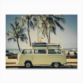 Vintage Retro Palms Bus On The Beach Wall Art Canvas Print