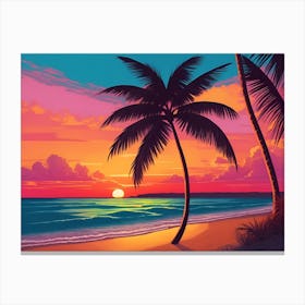 A Tranquil Beach At Sunset Horizontal Illustration 45 Canvas Print