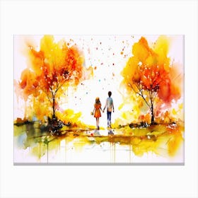 Young Love Autumn - Watercolor Of Couple Holding Hands Canvas Print