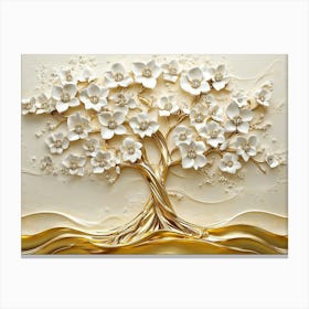 3D Tree Of Pearls. 3d Golden Tree Of Life With White Flowers Canvas Print