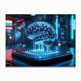 Cybernetic Brain Computer Interface Glowing With Neon Circuitry Entwined With Holographic Digital S (7) Canvas Print