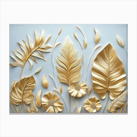 Gold Floral Plants and Palm Leaves on Grey Abstract with Tropical Leaves Banana Leaves Canvas Print