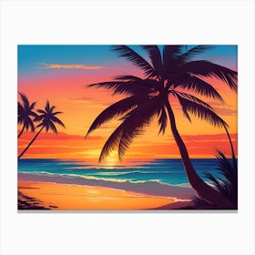 A Tranquil Beach At Sunset Horizontal Illustration 20 Canvas Print