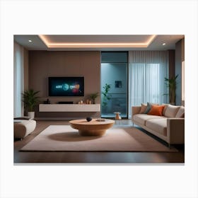 A Modern Living Room With A Sofa, A Coffee Table, And A Tv, Featuring A Minimalist Style And Warm Lighting Canvas Print