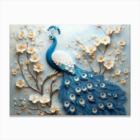 3d Peacock Artwork on Branch Art with Flowers Canvas Print