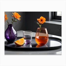 A Stylish Still Life With Orange Flowers, A Purple Vase, Orange Juice, A Glass, A Half Cut Orange, And A Purple Glass On A Black Marble Tray Canvas Print