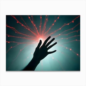 A Silhouette Of A Hand Reaching Out Towards A Glowing, Red, Network Of Lines In A Blue And Green Background Canvas Print