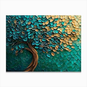 Abstract 3d Tree Artwork With Swirling Turquoise, Blue, And Brown Leaves, Dynamic Green Hexagon Canvas Print