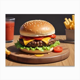 Juicy Burger With Cheese, Tomato, Lettuce And French Fries 1 Canvas Print